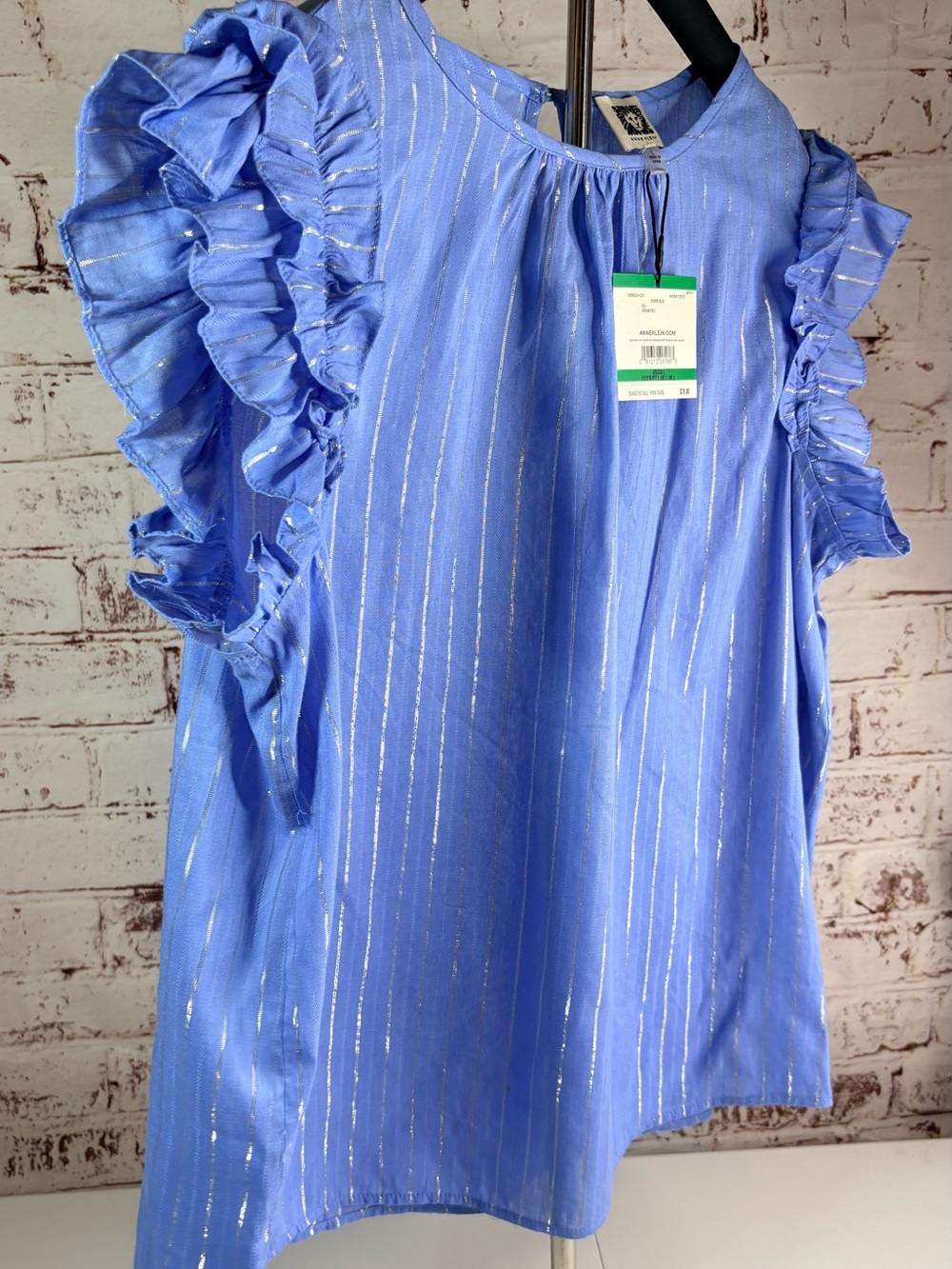 Anne Klein Periwinkle Blue Metallic-Striped Ruffle Sleeve Dress